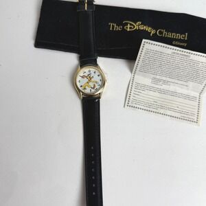 Disney Channel Goofy Special Edition Watch Black Leather Band Gold‎ Tone New